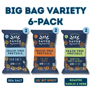 Big Bag Variety 6-Pack: Grain-Free Pretzels - Sea Salt, Lil' Bit Spicy, Roasted Garlic & Herb, Gluten Free, Top 9 Allergen Free, Lunchbox Snack Crispy Savory Crunchy