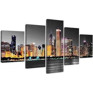 5pcs 2D flat Unframed wall decor,Chicago Skyline Wall Art Black and White Canvas Poster Decor Living Room USA City Building Night View Pictures Prints Paintings Decor Bedroom Office Artwork,NO framed