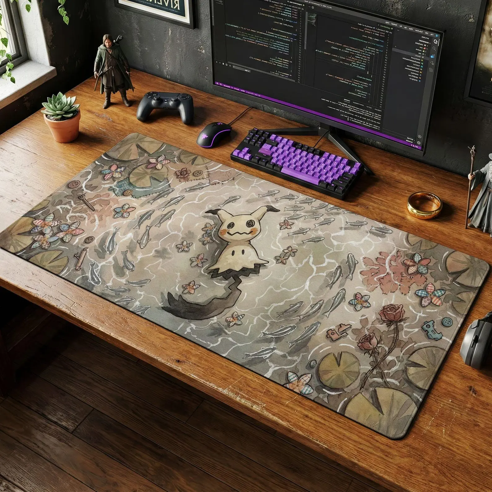 Mimikyu Cottagecore Desk Mat, Watercolor Mouse Pad, Spooky Cute Ghost Type Keyboard Pad, Cozy Earthy Gaming Setup and Chair Mat