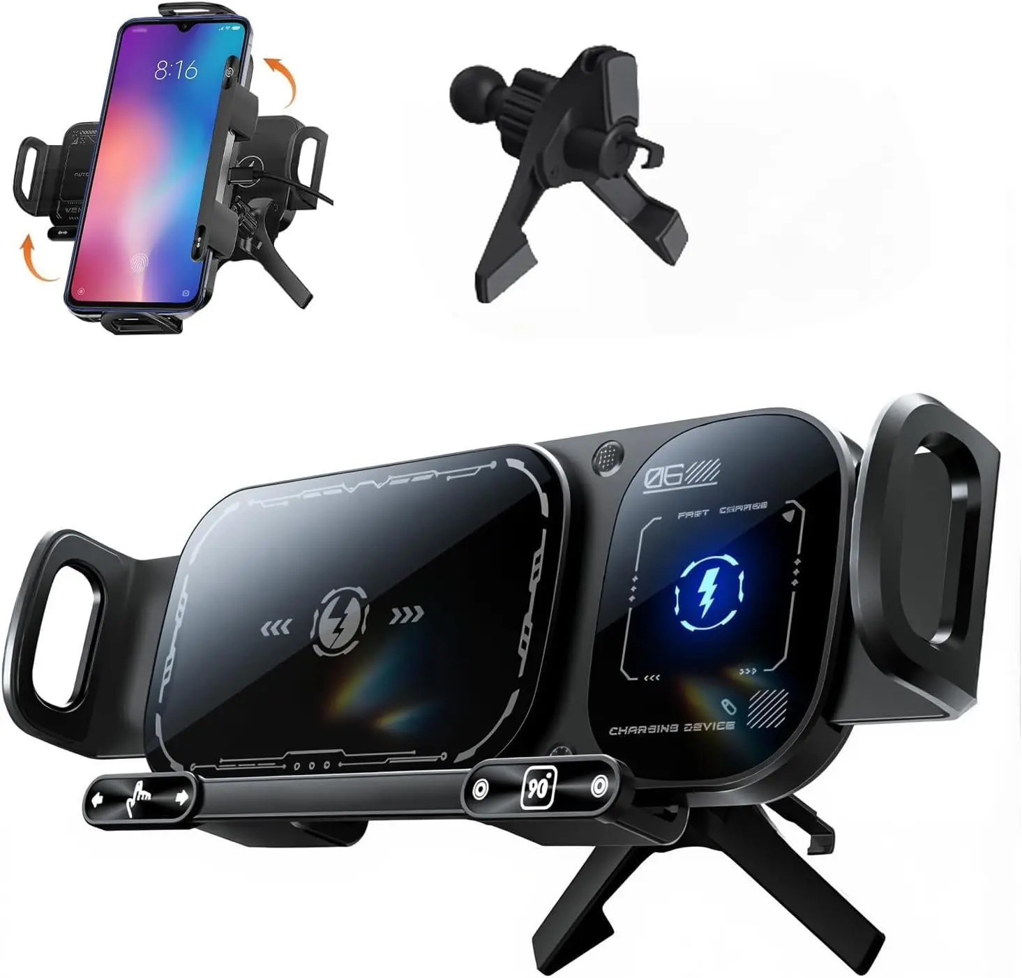 Intelligent two-in-one automatic rotating car charger for mobile phone/tablet holder, one-click rotating car vent mounting base, smart phone/tablet/foldable phone