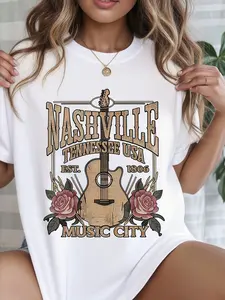 Nashville Music City Print T-Shirt, Vintage Guitar Print Soft Cotton Short Sleeve, Casual Home Comfort, Country Music Atmosphere, Trendy Retro Shirt