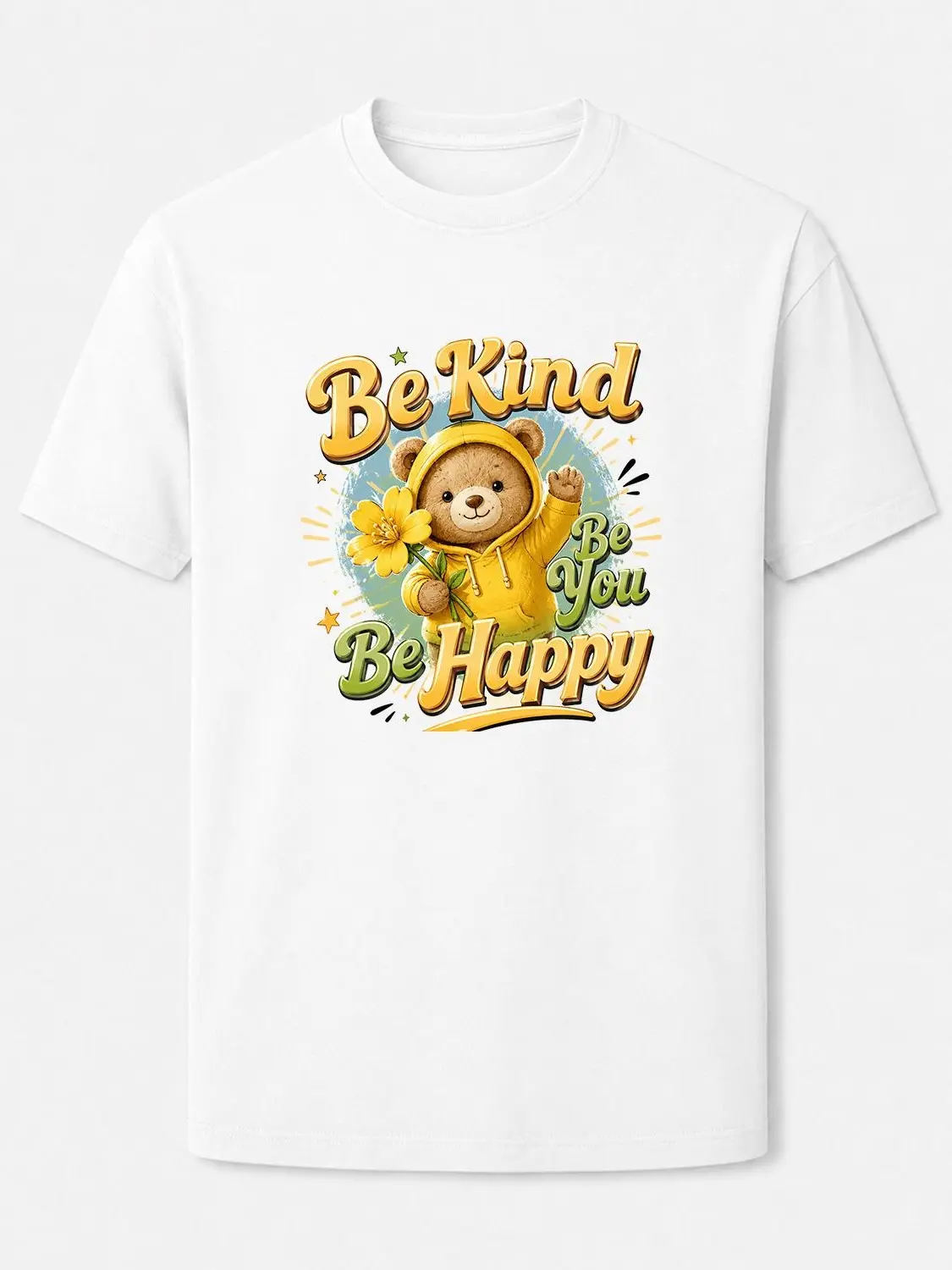Cute Yellow Hoodie Bear Graphic White T-Shirt, Be Kind Be You Be Happy Sunflower Positive Quote Crew Neck Tee, Soft Pastel Loose Unisex 100% Cotton Casual Short Sleeve Top Short Tropical Tshirt, Shortsleeve, Menswear