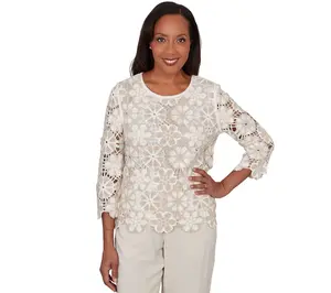 Alfred Dunner Women's Floral Crochet 3/4-Sleeve Top