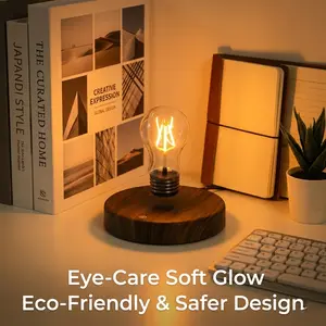Magnetic Levitating Floating Filament Light Bulb Lamp, Touch Control Warm Yellow Anti‑Gravity Ambient Light, Walnut‑Textured Base Desk Decor Lamp, Cool Tech Gadget & Unique Gift for Bedroom Office Home Decoration