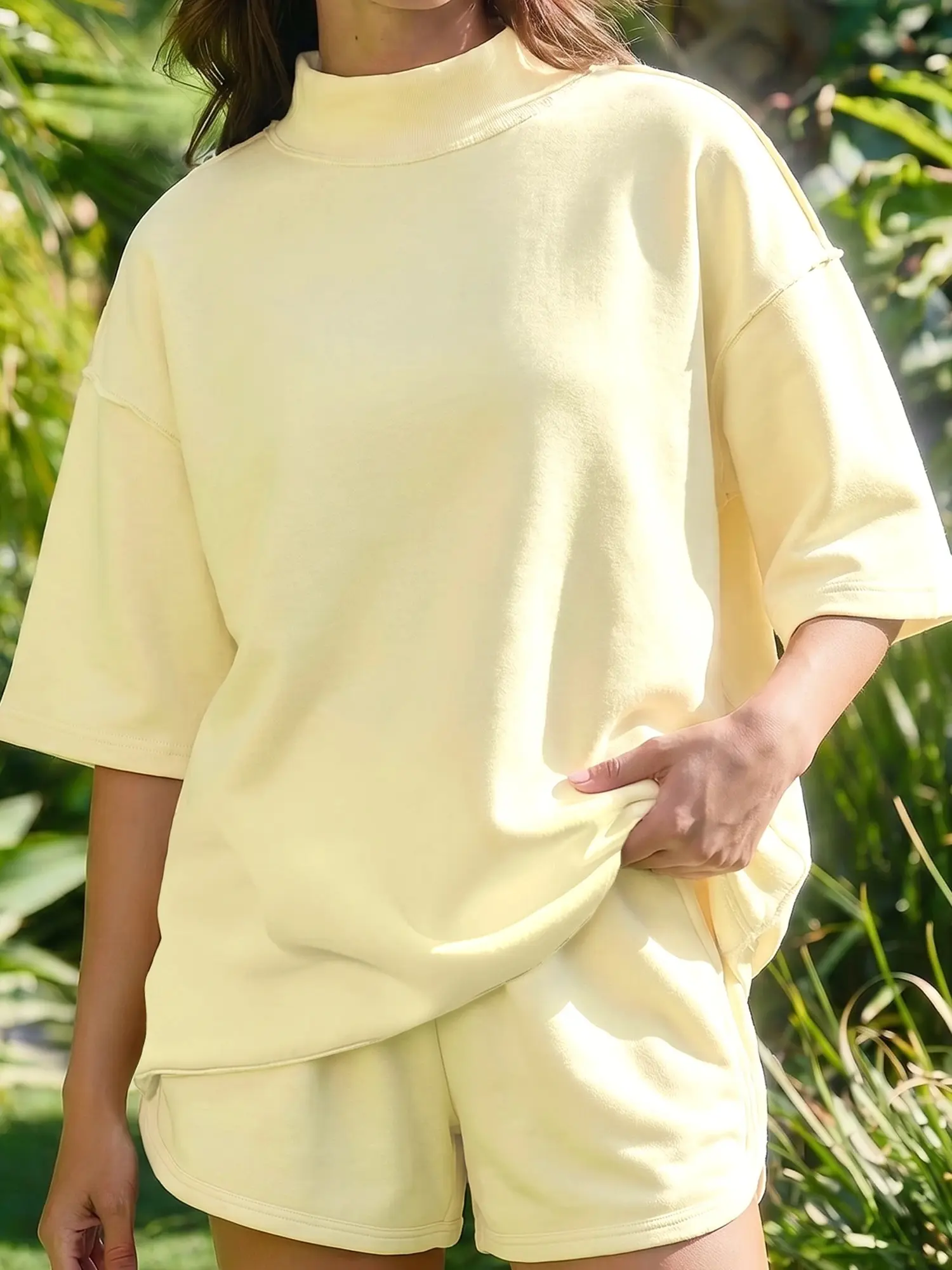 Womens Yellow Cream Solid Color 2pcs Outfit Exposed Seam Mock Neck Oversize Tee Casual Shorts Set Milk Silk Valentine's Day Gift