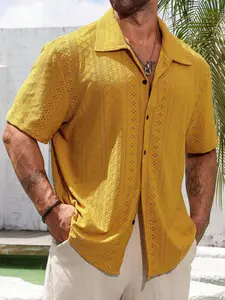 Men's Plus Size 2xl-6xl Cuban Collar Hollow Out Short Sleeve Collared Shirt, Casual, Stand Collar, Comfortable Daily Wear, Spring Summer Top, Menswear