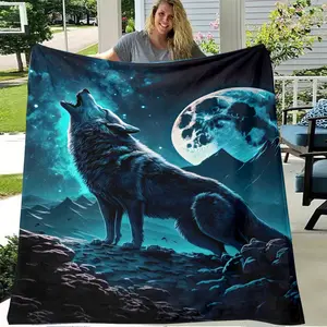 1Pc, Bohemian Style, HD Printed Flannel Blanket, 39.37X59.06Inch, Soft Polyester, Envelope Stitch, All-Season, Multi-Purpose, Anti-Allergen, Hand Wash Only, Wolf Design, For Sofa, Bedroom, Gift