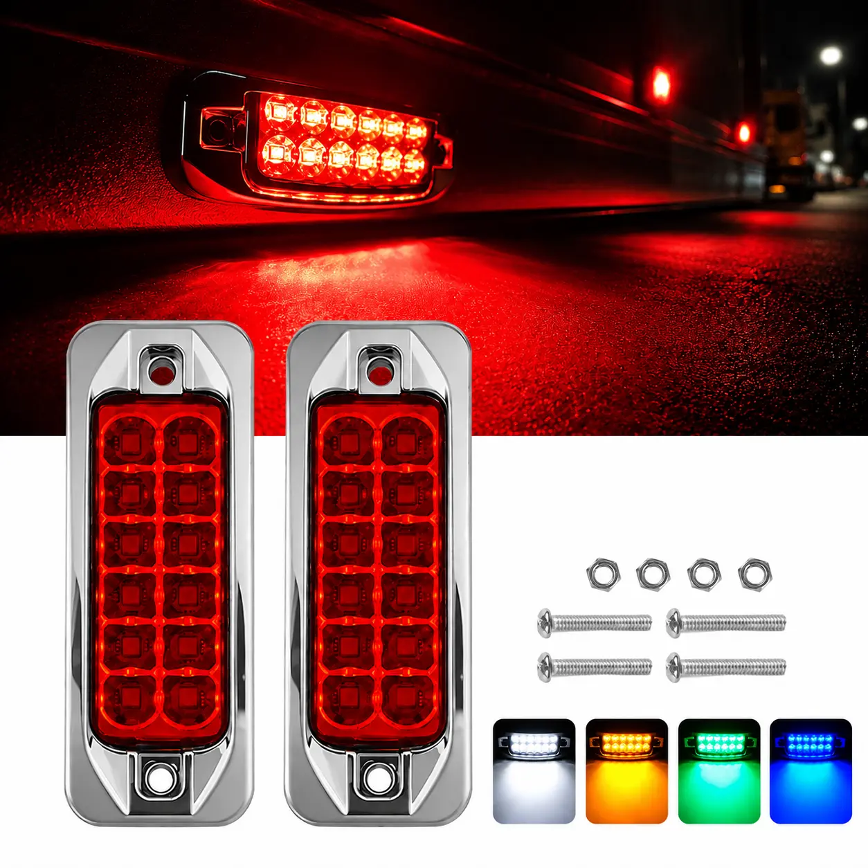 2PCS 3.58” 12LED Side Marker Clearance Lamps, IP65 Waterproof Sealed Screw Mount Lights, Steady/Strobe, Side Tail Chassis for Truck Trailer RV Pickup Lorry