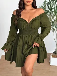 Celure Plus Size Fitted V-Neck Slimming Puff Sleeve Cake Dress in Olive Green for Women's Fall Fashion Elegant Design Woven Fabric