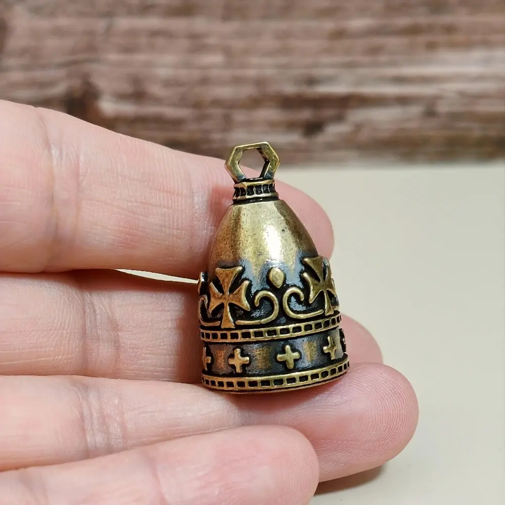 Brass Christmas Sleigh Bell with Cross Pattern, Vintage Handmade Craft Holiday Ornament, Decorative Brass Bell Souvenir Gift, Festive Home Decoration