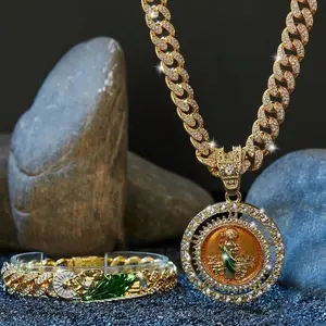 3Pcs San Judas Tadeo Jewelry Set Necklace Bracelet Pendant Stainless Steel Unisex Religious Gift Daily Wear Catholic Devotional