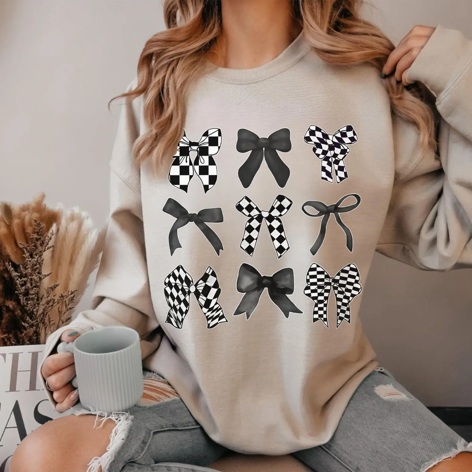 Women's Sweatshirt with Printed Plaid Bow Graphic - Casual Round Neck Cotton Blend Pullover, Soft Unisex Classic Fit Top, Women's Clothes