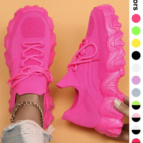 Women's Thick-Soled Sneakers - Supportive Casual Trainers, Breathable Fashion Athletic Shoes, Speckled Accents, All-Day Comfort, All-Season, Jeans-to-Skirt Versatile Footwear