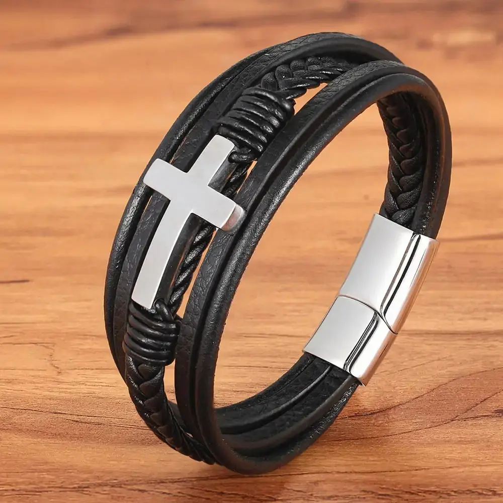 Classic Braided Leather Bangle Bracelet with Steel Cross Accent on TikTok Shop