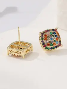 Elegant Luxury Square Copper Material Inlaid Multi-Color Synthetic Zircon Earrings, Luxurious Geometric Shape Hip Hop Earrings for All Seasons Jewelry