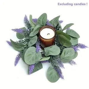 Artificial Farmhouse Candle Wreath, Evergreen Eucalyptus Branches & Flowers, Plants, Indoor Outdoor Decor for Home Wedding Party Fireplace Porch