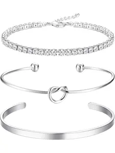 3 Pcs Elegant Golden Chain Bracelet Set for Women Men Unisex Diverse Stackable Jewelry Brass Cuff Bangles Shiny CZ Tennis Bracelets Unique Design Elements Sleek Chain Texture Minimalist Bangle Shape Brilliant CZ Balance Elegance Modern Trend