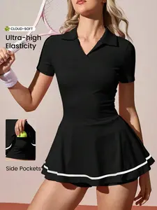 CORSETTI Women's Contrast Color Lapel Short Sleeve Sports Casual Dress, Summer Black Tennis Dress Tennis Dress With Pockets Short Sleeve Tennis Dress Women Tennis Dress Tennis Skort Dress Sport Skort Dress