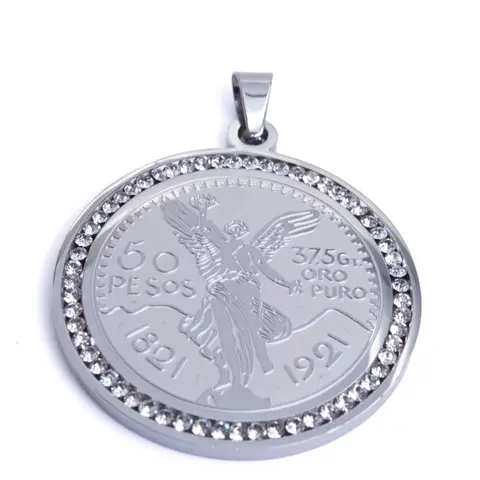 Men's Double-Sided 375g Stainless Steel Centenario Coin Pendant - Sparkling Zircon Edge Decor, Flying Eagle Vintage Medallion, Silver & Gold Options, Casual Everyday Costume Jewelry Charm Accessory