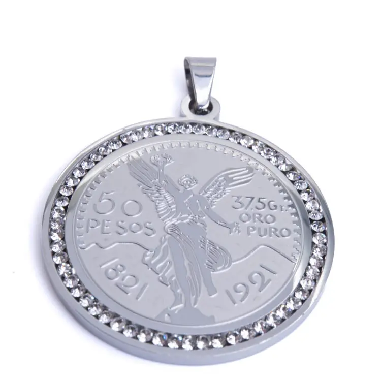Men's Double-Sided 375g Stainless Steel Centenario Coin Pendant - Sparkling Zircon Edge Decor, Flying Eagle Vintage Medallion, Silver & Gold Options, Casual Everyday Costume Jewelry Charm Accessory
