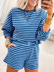 Drop Shoulder Long Sleeve Pullover Elastic Waist Casual Short Set, Made from 95% Cotton+ 5%Elastane, The Fabric is Breathable and Stretchy.