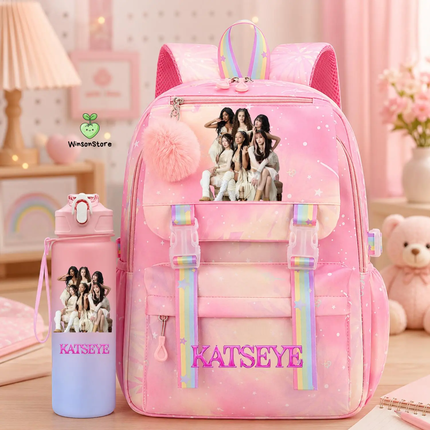 KATSEYE K-Pop Member Backpack Set with Matching Water Bottle - Cute Pink Aesthetic School Bag with Plush Pom Pom Keychain for Girls & Teen Fans