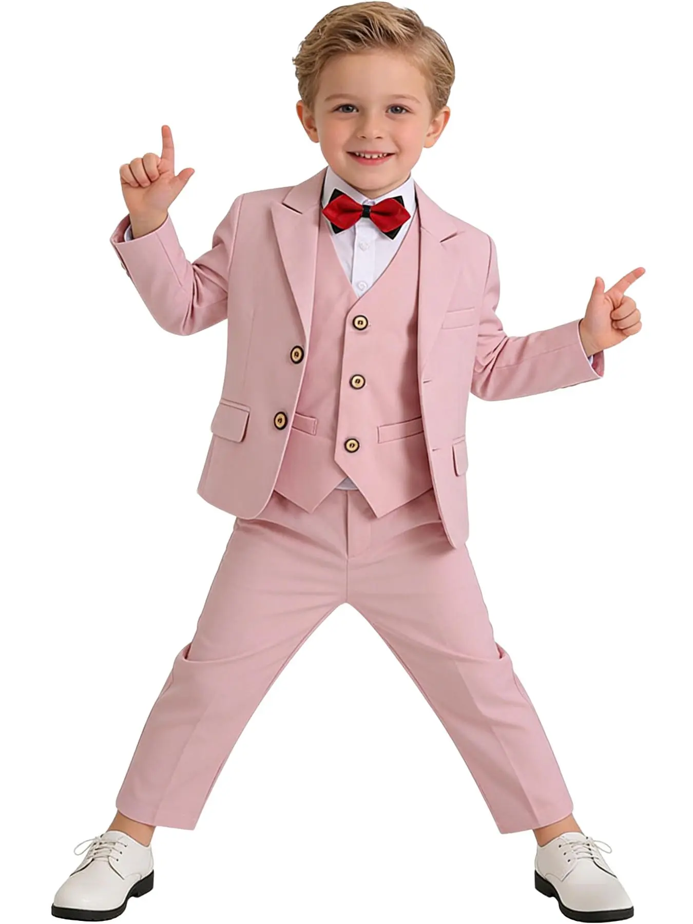 Boys' solid color suit 4-piece set (jacket+vest+pants+tie) | Available in 6 colors: black/white/gray/navy blue/pale yellow/pink | English gentleman's dress | Wedding flower girl birthday party, campus performance, graduation photo, daily formal outfit ！