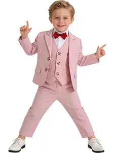 Boys 4-Piece Suit (Blazer + Vest + Pants + Bow Tie) | 6 Colors: Black/White/Gray/Navy/Off-white/Pink | British Gentleman Formal Outfit | Ideal for Weddings, Birthdays, School Performances, Graduations, Photoshoots, Daily & Formal Wear (Shirt Not Included)