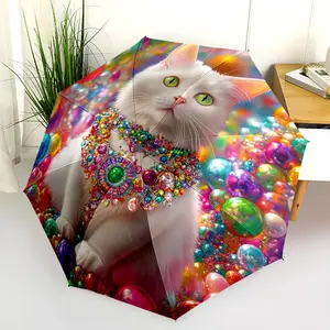 1 PC Automatic Folding Umbrella - Colorful Cat Jewels Bubbles Pattern, Portable & Foldable Design with 8 Ribs, Merry Christmas Pattern,Casual Outdoor Accessory Halloween and Christmas Birthday Gifts. B0031