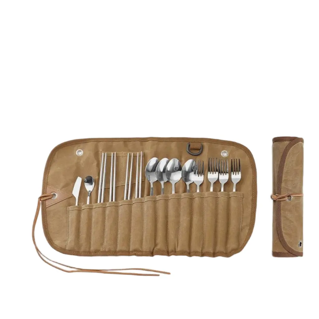 15-Piece Camping Utensil Set with Roll-Up Storage Bag Stainless Steel Cutlery Kit for Outdoor Picnics and Hiking Trips Durable Rust-Resistant Essential Gear