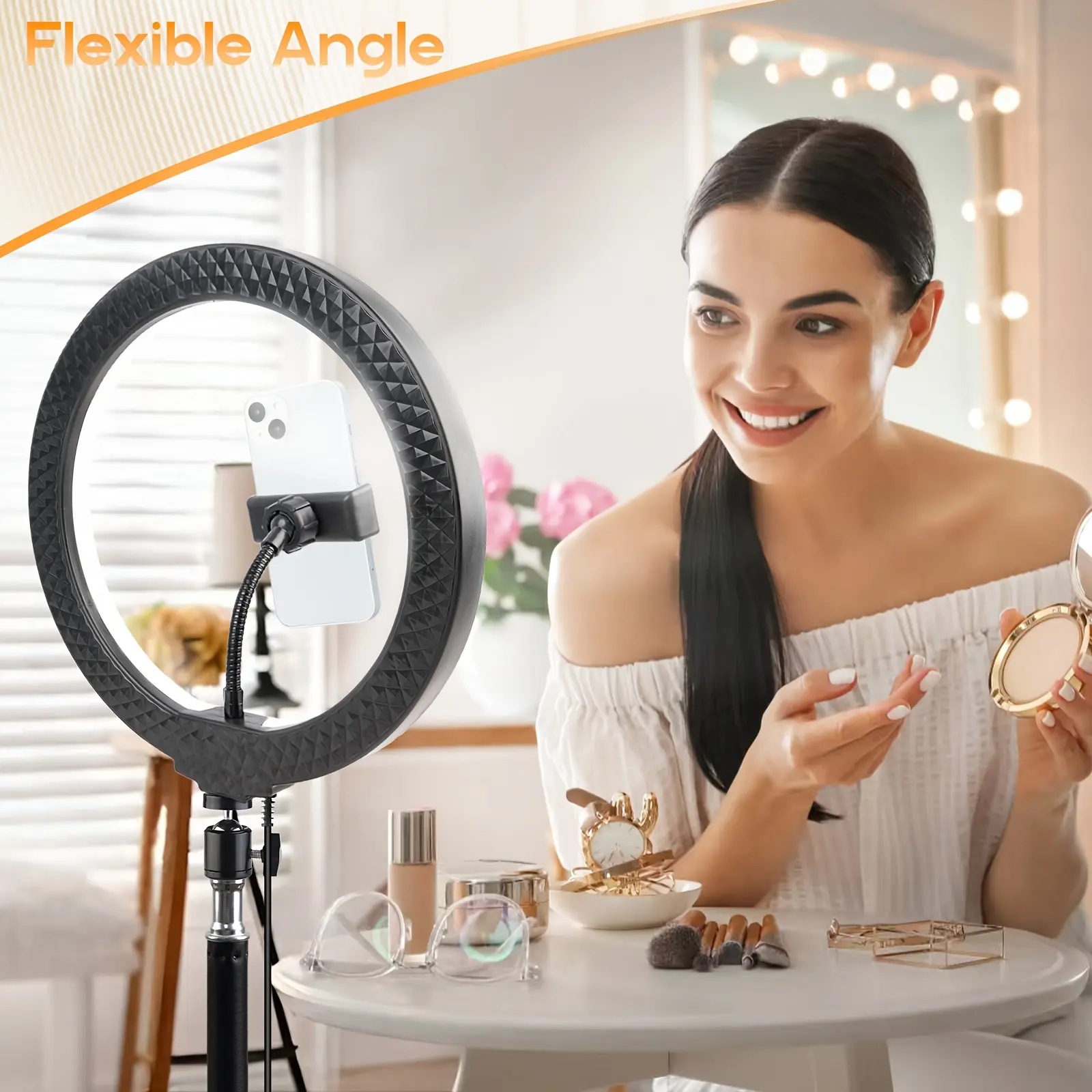 YAyusi Anello Luce 10'' Con Treppiede E Supporto Telefono – Regolabile, 3 Modalità Colore, 10 Livelli Luminosità, Per Video E Selfie