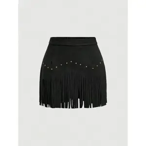 Women's Fringe Trim Short Skirt, Chic Elegant Solid Color Zipper Skirt for Daily Wear, Ladies Bottoms for All Seasons, Skirts, Fringe Skort, Womenswear