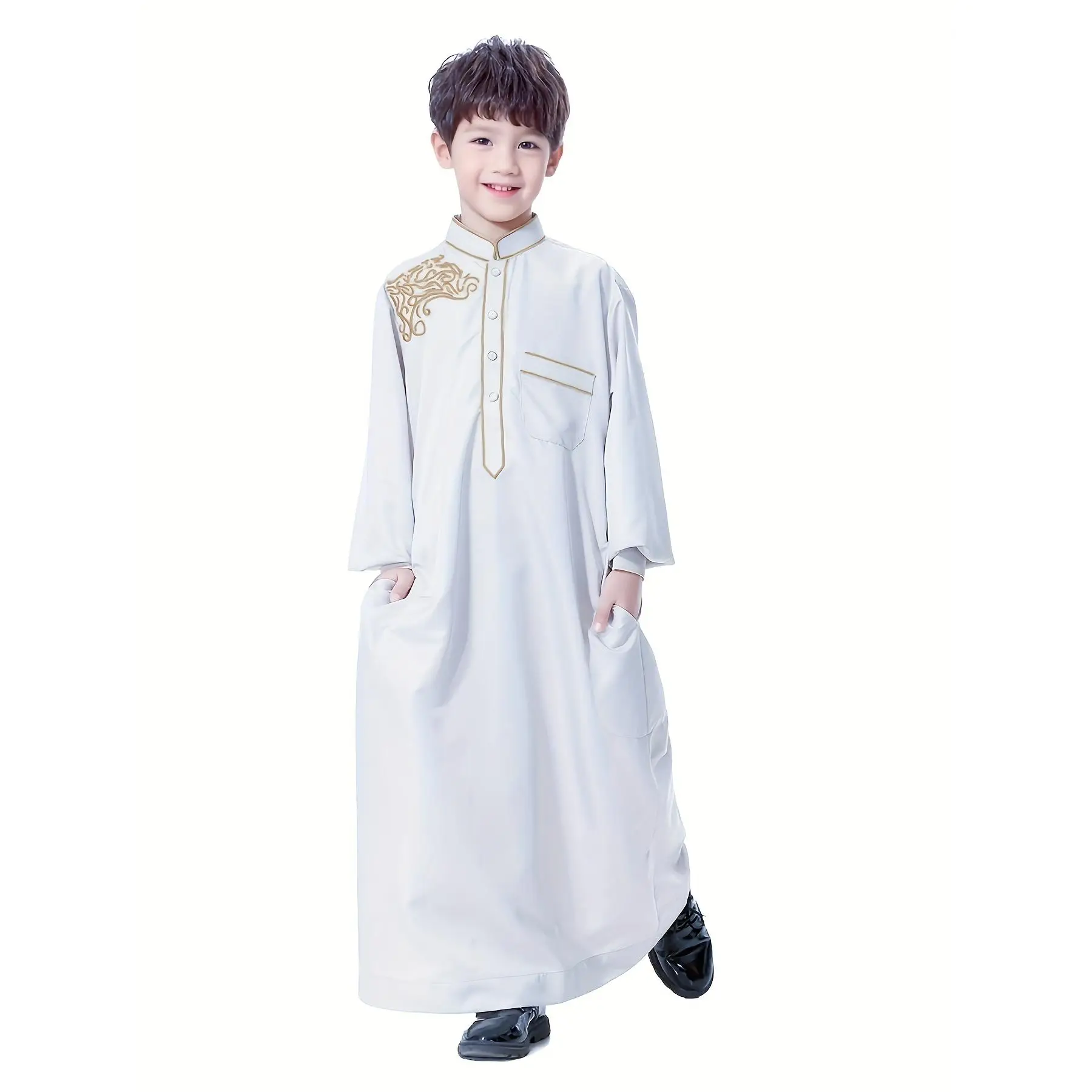 Boys' Long Sleeve Embroidered Arab Thobe, Casual Ethnic Style Boys Long Sleeve Clothing Fit