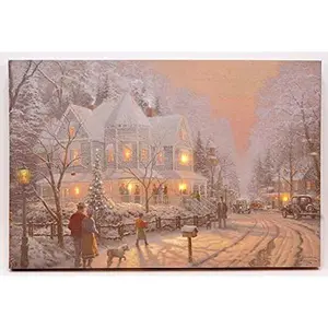 Winter Holiday Gathering LED Canvas Wall Art with Warm Lights, 16x12 Inch Lighted Christmas Wall Decor, Festive Decorative Artwork, Battery Operated