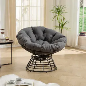 Papasan Chair Comfortable Ergonomic Wicker Chair , 360° Swivel Indoor Outdoor Rattan Chair with Soft Thick Cushion, Ideal for Living Room, Bedroom, Reading Room, Brown Frame with Grey Cushion