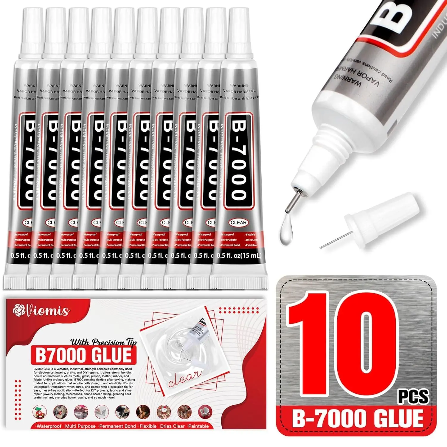 B7000 Bedazzling Glue (10 Pack, 15ml), Clear Rhinestone Jewelry Adhesive with Precision Tip for Crafts, Fabric, Clogs & Nail Art