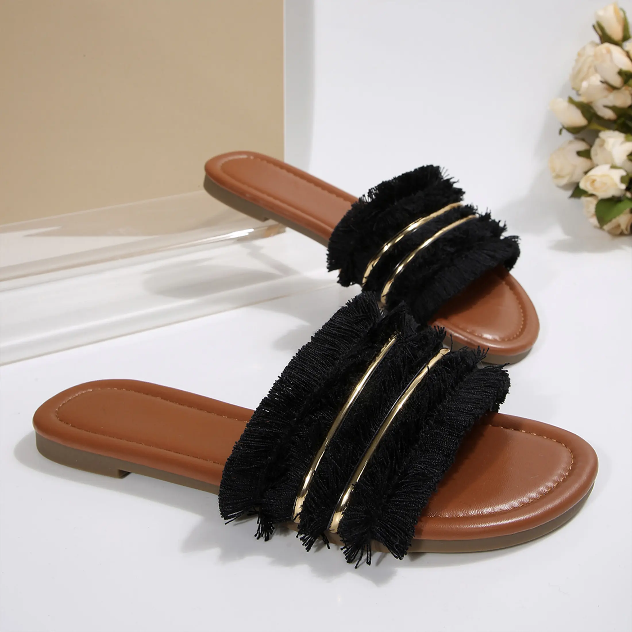 Women Flat Sandals Summer Dressy Fashion Evening Party Wedding Sandals Adjustable Flats Black