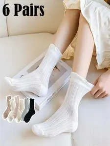 6 Pairs Light Color Ruffle Women's Mid-Calf Socks, Breathable Mesh, Non-Slip, Comfortable, Office & Daily Wear, Summer Style