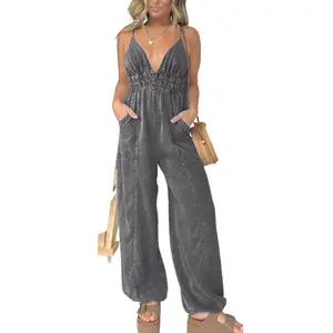 utcoco Women's Denim Overalls Jumpsuits, Spaghetti Strap Sleeveless Deep V-Neck, Elastic Waist Wide-Leg, Adjustable Straps, Casual Clothes for Women, Jumpsuits For Women