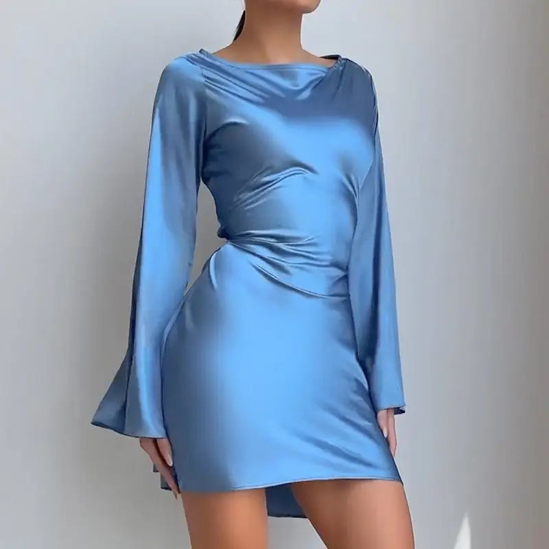 Women’s High-Waisted Silky Polyester Satin Mini Dress - Long Sleeve, Chic Smooth Fabric Cocktail & Formal Party Dress