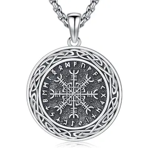 DRINSPER Viking Compass Necklace 925 Sterling Silver Pendant Vegvísir with Futhark Celtic Knot Decor Pagan Jewelry Gift for Men Women