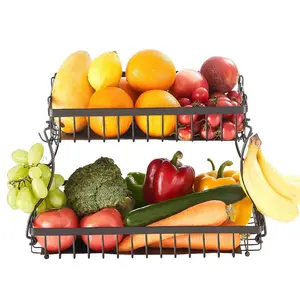 VEVOR 2 Tier Fruit Basket, Countertop Fruits Vegetable Bowl with Banana Hangers, Metal Wire Storage Stand for Kitchen Counter, Detachable Stackable Holder Organizer for Bread Snack Veggies, Black