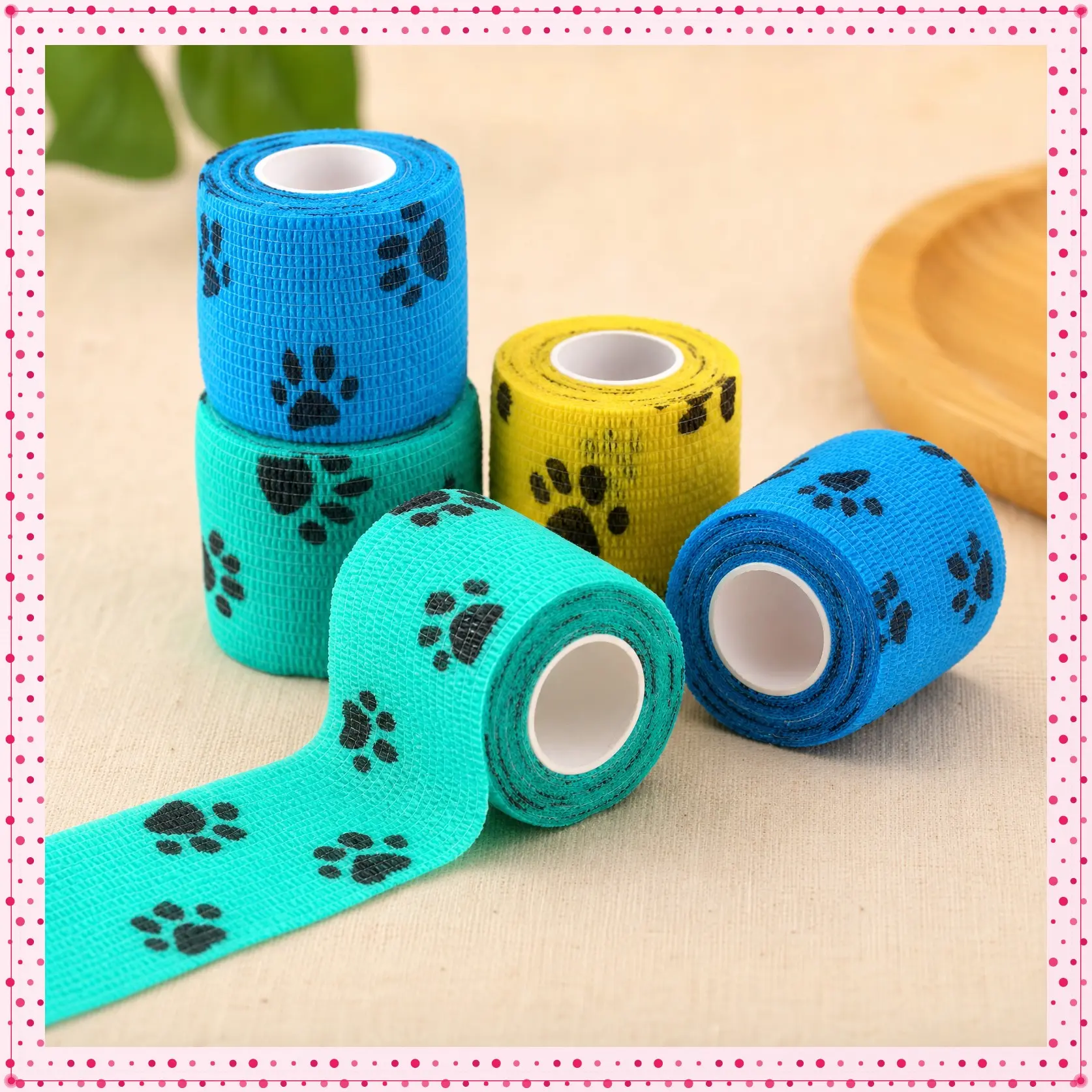 6 Rolls 2-Inch Self-Adhesive Non-Woven Pet Cohesive Gauze Wrap - Self-Sticking, Lightweight, Breathable, Waterproof, Healing, for Dog Legs/Paws/Wounds, Back Support, Animal First Aid Security (Pawprints A)