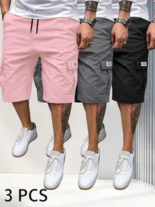 Men's 3-Piece Fitted Matching Shorts Set - Casual Summer Drawstring Color-Mixed Shorts, Lightweight Breathable, Slanted Multipocket, Versatile Everyday Beach Gym Wear (Brown, Black, Green, Pink), Color-Mixed Men's Shorts, Fitted Men's Shorts