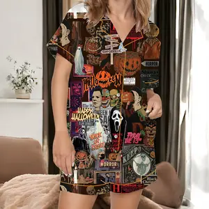 Retro Horror Halloween Short Satin Pajama Set for Women, Ghost Pumpkin Spooky Movie Print Sleepwear, Silky Button Up Pajama Shorts, Gift for Her