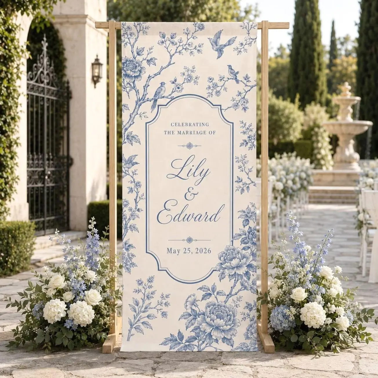 Personalized Blue Chinoiserie Wedding Banner, Floral Welcome Sign, Garden Ceremony Entrance Decor, Custom Fabric Reception Sign Gift