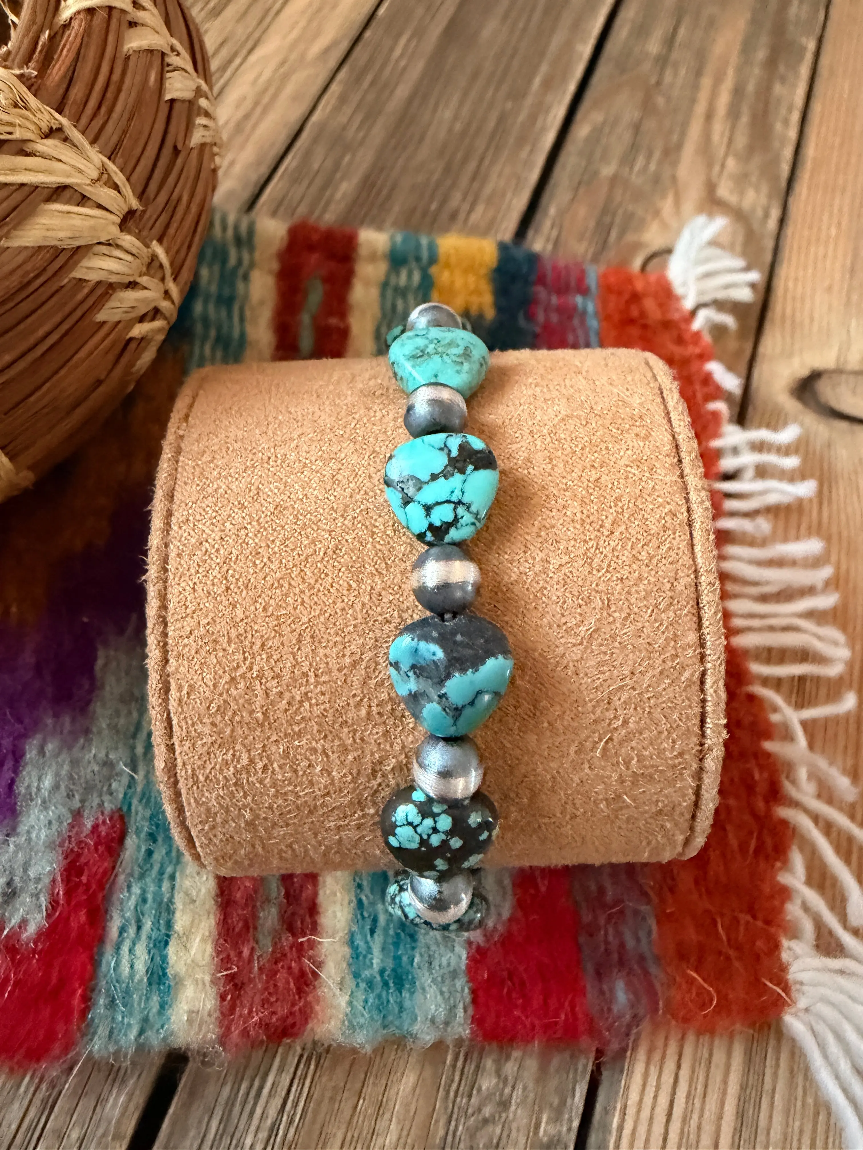 Handcrafted Turquoise & Sterling Silver Beaded Stretch Bracelet
