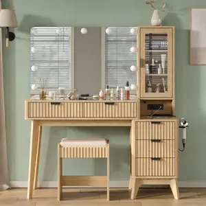 CollaredEagle Modern 53.6" Fluted Makeup Vanity Desk with Large 36" Mirror & LED Lights, Spacious Glass Top Dressing Table with 5 Drawers & Adjustable Shelves