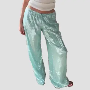 Sequin Pants for Women Low Rise Sparkly Glitter Wide Leg Disco Pants Party Dance Bottoms Wave Outfits Bling Drawstring