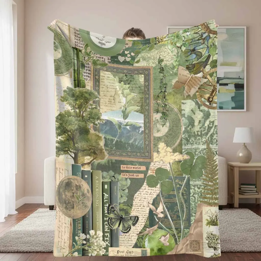 Vintage Green Botanical Flannel Throw Blanket, Boho Bohemian Style Art Print with Butterfly, Leaf & Book Elements, Soft Cozy Lightweight Reversible, for Bedroom & Living Room Home Decor Gift (Botanical Butterfly Print Blankets), Boho Blankets